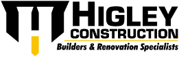 Logo for Higley Construction featuring a stylized "H" icon with a yellow downward-pointing triangle at the bottom, followed by the text "Higley Construction" and "Builders & Renovation Specialists" underneath it, all in black and yellow font. from Higley Construction