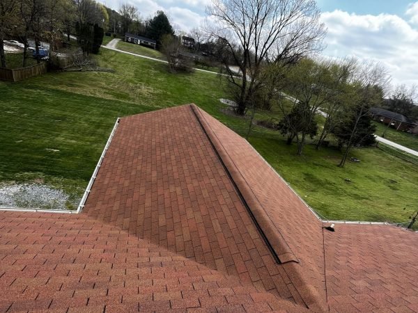 A view from a rooftop with reddish-brown shingles, overlooking a neighborhood with green lawns, bare trees, and houses in the distance. The sky is partly cloudy. from Higley Construction